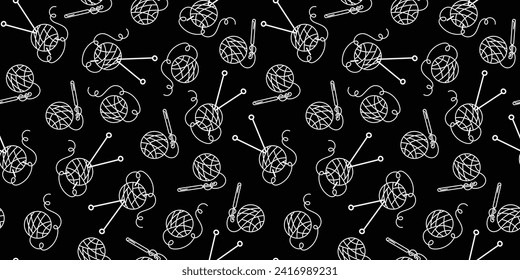 Pattern. Yarn and needles. Threads skein, wool. Hobbies, Crafts, Handmade. Doodle style. Items and tools for knitting. Vector seamless background.