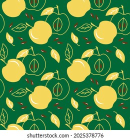 Pattern with yellow apples. Fruit illustration on a green background. Vector drawing. For use in prints, textiles, covers and packaging, flyers, menus, shops.