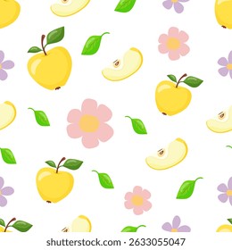 Pattern of yellow apples with green leaves. Whole fruits and slices, with pink flowers hand drawn vector illustration.
