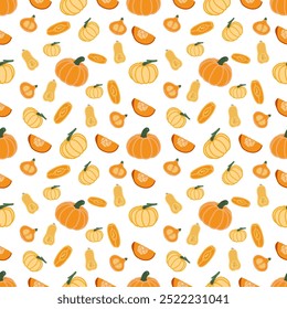 Pattern with yellow autumn ripe pumpkins, pumpkin halves, slices. Print pattern, invitation card, background.