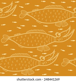 Pattern yellow background with bright large and small fishes