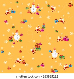 Pattern, yellow background with flying Santa Clause, snowmen and presents. White snowflakes on a yellow background.