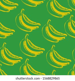 Pattern with yellow bananas. Glamorous painted banana, a healthy natural organic product. banana grove. Fruit background on green isolate. Packaging design, wallpaper. stock graphics.