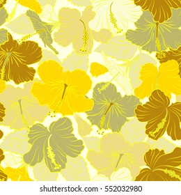 Pattern in yellow and beige colors with tropic summertime motif may be used as texture, wrapping paper, textile design. Vector seamless pattern of tropical hibiscus flowers, dense jungle. Hand painted