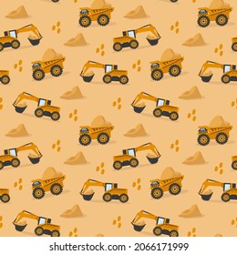 Pattern Yellow Big Truck and Tractor on the road. The background is children's illustrations of a grader with a bucket and a truck. Cartoon transport for textile children's fashion. Vector