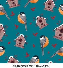 Pattern with yellow birds and nesting boxes