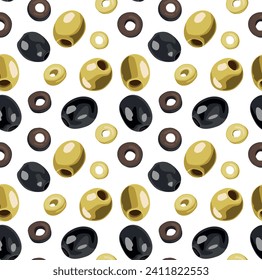 A pattern of yellow and black olives, pitted and cut into round pieces. Seamless pattern in vector.