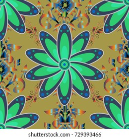 A pattern of yellow, blue and green daisies on a yellow, blue and green colors. Vector illustration. On yellow, blue and green colors.