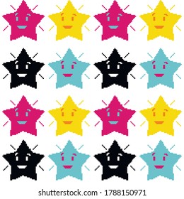 un patrón de estrellas sonrientes amarillas, azules, rosas y negras sobre un fondo blanco