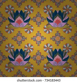 A pattern of yellow, blue and pink daisies on a yellow, blue and pink colors. Vector illustration. On yellow, blue and pink colors.