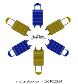 Pattern of yellow and blue suitcases arranged in a circle. Lettering in the center. Vector illustration in flat style.