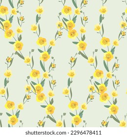 Pattern of yellow bright spring flowers on a light green background