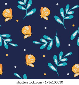 Patrón con mariposas amarillas y hojas sobre un fondo azul. Antecedentes para el diseño de envases, Papel tapiz y decoración.