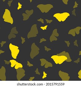 Muster mit gelben Schmetterlingen auf schwarzem Hintergrund. Geeignet für Vorhänge, Tapeten, Stoffe, Packpapier. flach handgezeichnete Vektorgrafik