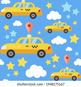 Pattern with yellow car taxi star on red background