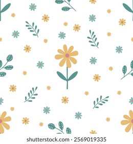 pattern with yellow chamomile,  daisies  and green twigs