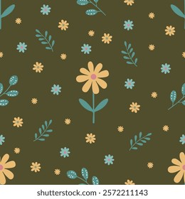 pattern with yellow chamomile,  daisies  and green twigs