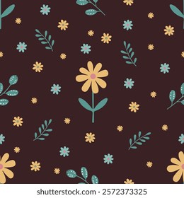 pattern with yellow chamomile,  daisies  and green twigs