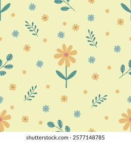 pattern with yellow chamomile,  daisies  and green twigs