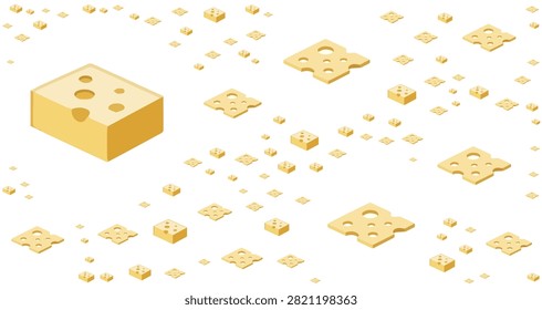 pattern of yellow cheese cubes and slices with holes on white background seamless dairy food design with repeating elements