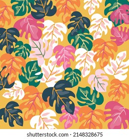 The pattern is yellow with colorful leaves. Vector stock illustration. Flat style. Design with leaves and plants