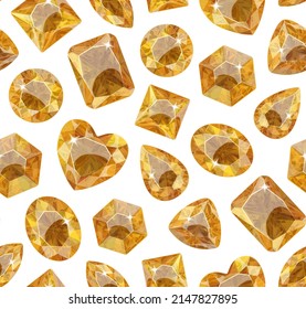 Muster gelber Kristalle auf weißem Hintergrund. Steine verschiedener Formen. Schmuck.