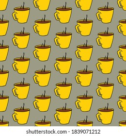 Pattern from yellow cups with coffee on a gray background. seamless abstract pattern for design.