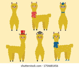 llamas tiernas amarillas, alpacas, ilustración con tema infantil, animales lindos