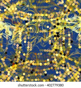 Pattern of yellow discs, golden smoke on a dark blue background. Seamless pattern. Abstract vector template. Dots and wavy lines.