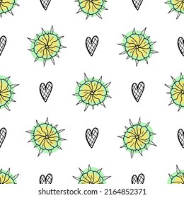 Muster mit gelben Doodle-Sonnenblumen und Herzen