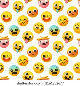 Patrón con emoticonos y emociones amarillos. Los emoticones de caricatura de fondo son caras felices con sonrisas de diseño 3d realista. ilustración vectorial