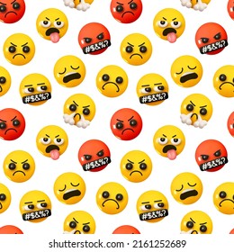 Pattern with yellow emoticons and emotions. Background cartoon emoticons angry faces realistic 3d design. vector illustration