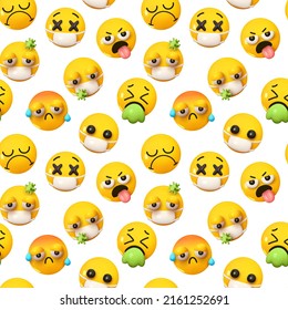 Pattern with yellow emoticons and emotions. Background cartoon sick emoticons faces with medical masks realistic 3d design. vector illustration