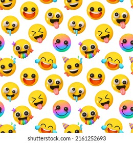 Pattern with yellow emoticons and emotions. Background cartoon emoticons happy faces with smiles realistic 3d design. vector illustration