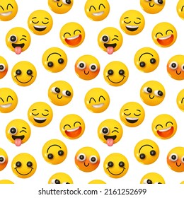 Pattern with yellow emoticons and emotions. Background cartoon emoticons happy faces with smiles realistic 3d design. vector illustration