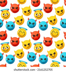 Pattern with yellow emoticons and emotions. Background cartoon emoticons angry and happy faces smiling devil and angel realistic 3d design. vector illustration