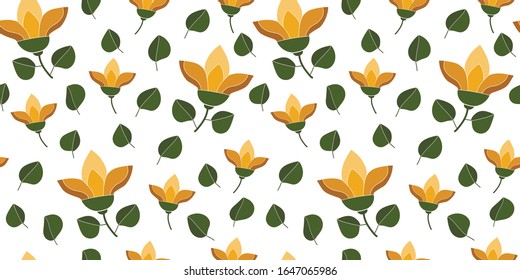 pattern of yellow flowers and green leaves on a white background, vector illustration, for design of textile wallpaper paper
