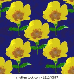 A pattern of yellow flowers on a dark blue abstract background