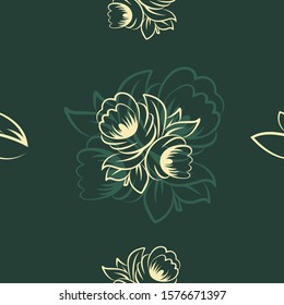 Pattern of yellow flowers on a green background. Vector graphics.