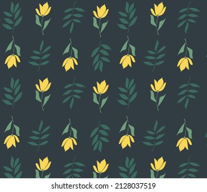 Pattern of yellow flowers and palm branches on a dark green background, vector image