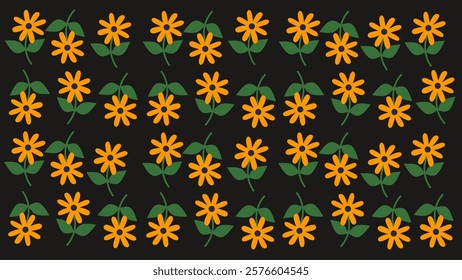 Pattern with yellow flowers, small leaves and stems. Floral background. Nature illustration.