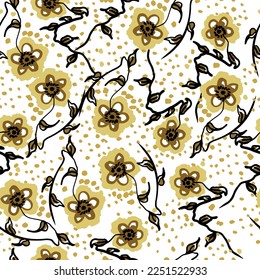 Pattern of yellow flowers with spots. Wild flowers. Folk style. Perfect for summer textiles or other surfaces. Ready to repeat and color. Vector and all over print