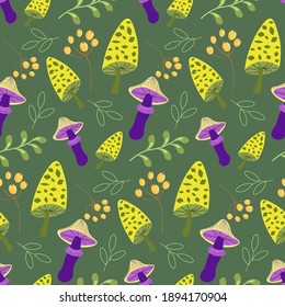 Pattern with yellow fly agarics, leaves and wild berries. Vector on a green background. Simple drawing for wrapping paper, decor, fabric, scrapbooking.