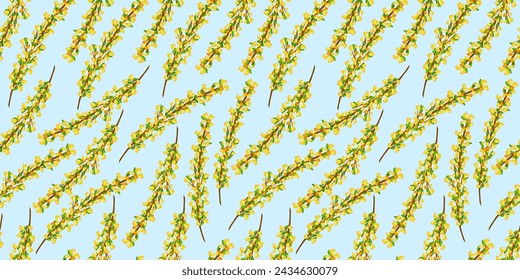 Pattern with yellow forsythia flowers. Woman day 8 March holiday card. Spring floral vector illustration. Template for for paper, cover, fabric, interior decor and other.