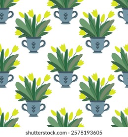 Pattern of yellow fresh tulips bouquets in vases. Seamless background for fabrics, textiles, packaging and wallpaper. Vector illustration in flat style.