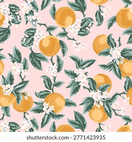 Pattern with yellow fruits flowers and leaves. Opulent fruit illustration in summer style. Fashionable background for fabric, textile, wallpaper and wrapping.