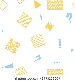 Pattern with yellow geometric shapes and blue punctuation marks without background. Vector illustration