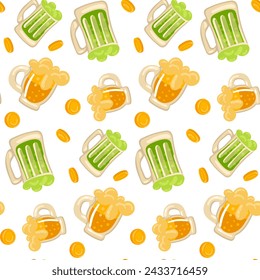 A pattern of yellow and green beer with coins. Vector seamless pattern for St. Patrick's Day. A lot of gold coins are falling on a white background for good luck. wealth, flower, holiday, packaging