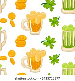 Muster von gelbem und grünem Bier mit Münzen und Klee. Vektor nahtlose Muster für St. Patrick's Day. Viele Münzen und Pflanzen auf einem weißen Hintergrund für viel Glück. Reichtum, Blume, Urlaub, Verpackung