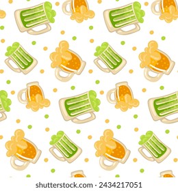 A pattern of yellow and green beer with colored dots. Vector seamless pattern for St. Patrick's Day. A lot of confetti falls on a white background for good luck. wealth, flower, holiday, packaging